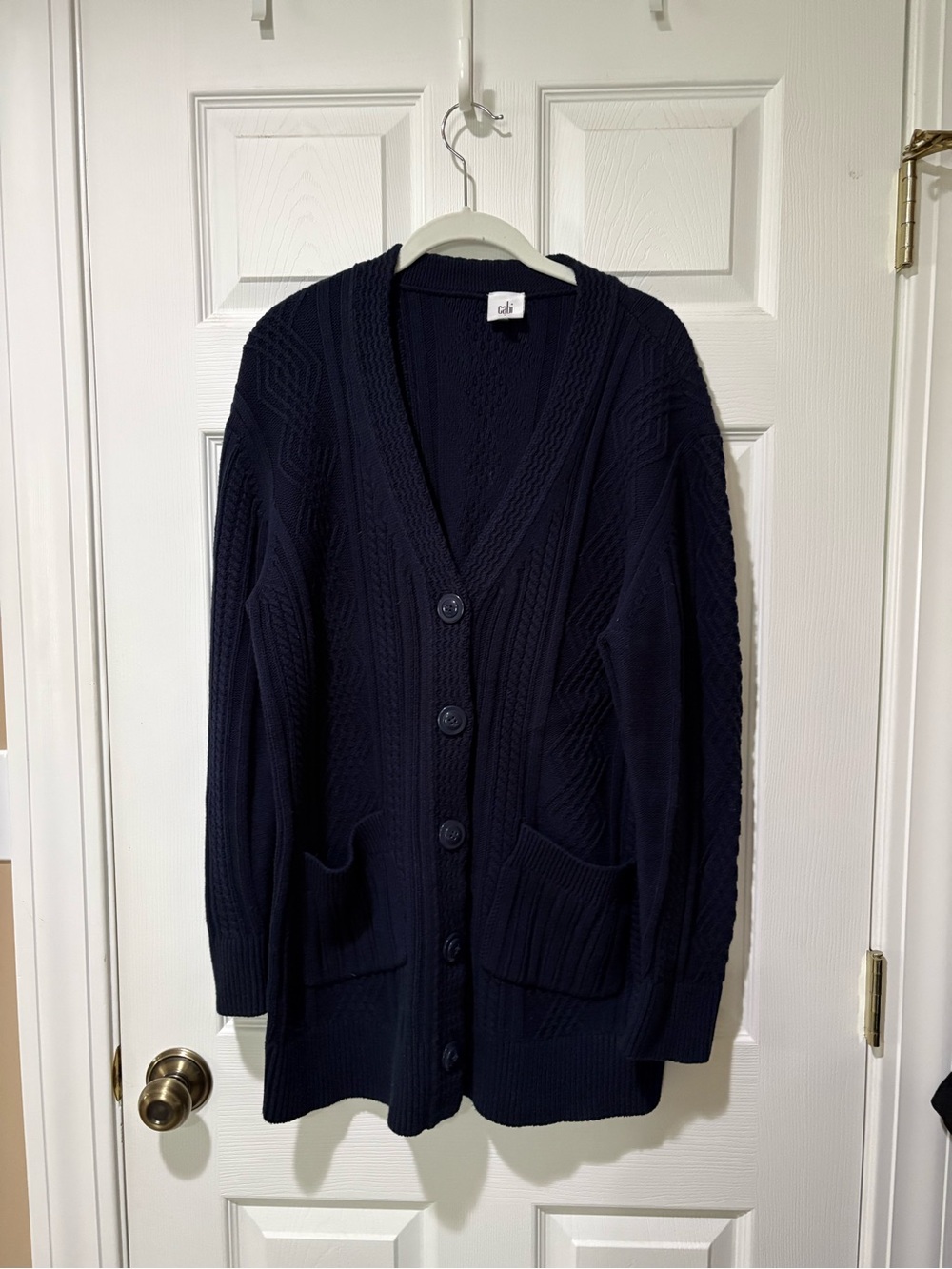 CAbi Navy Cable-Knit Button Cardigan with Pockets Style 3882